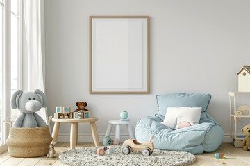 Kids room interior design with mock up poster frame and decor.