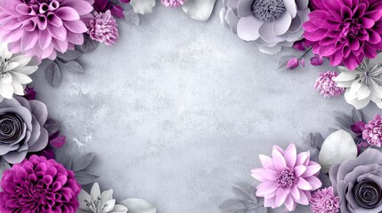 Elegant Paper Flowers Frame Purple Gray Floral Border Blank Space