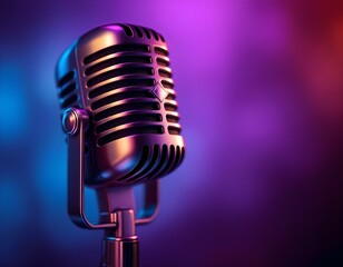 retro microphone on stage, Vintage Metallic Microphone Close-Up on Gradient Background