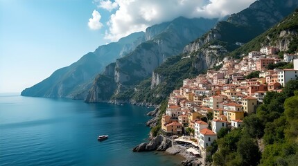 Picturesque Coastal Town Nestled Against Dramatic Cliffs, Italy: A High-Angle View