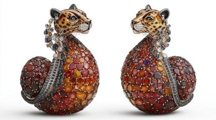 Naklejka premium Ornate sculptures featuring leopard heads adorned with colorful gemstones.
