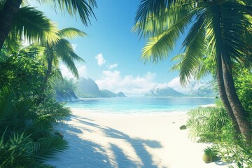 Obraz premium A serene tropical beach scene with palm trees and calm turquoise waters.