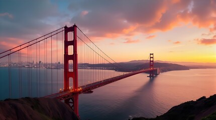 Obraz premium Golden Gate Bridge at Sunset: A Majestic Vista from a Hilltop Vantage Point, Capturing the City Skyline and Serene Waters