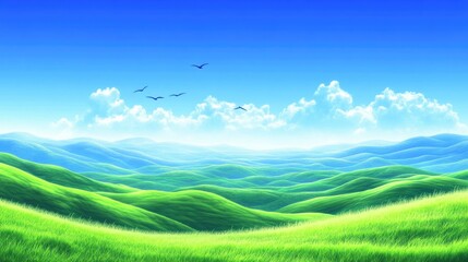 Obraz premium A serene landscape featuring rolling green hills under a bright blue sky with birds flying.