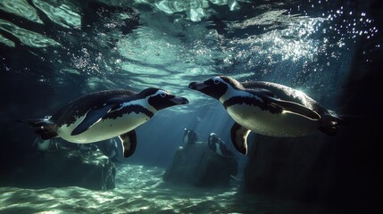 Obraz premium Two penguins swimming underwater, surrounded by bubbles and rocks.