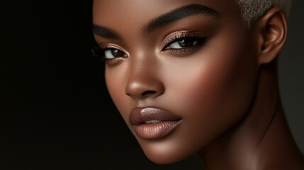 Fototapeta premium High-end beauty shoot featuring a model with glowing skin and sleek makeup, using precision lighting and high-definition retouching