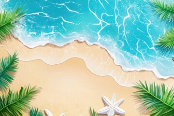 A serene beach scene with turquoise water, sand, and tropical foliage.