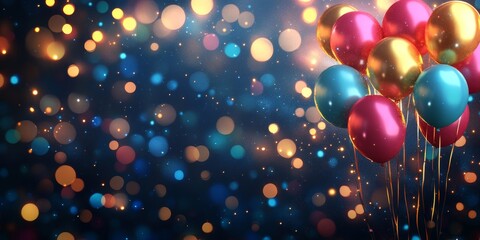 Festive Digital Background with Balloons and Lights, Generative AI
