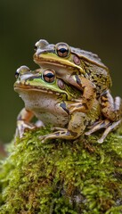 Obraz premium Two frogs perched on moss, showcasing their vibrant colors and natural habitat.
