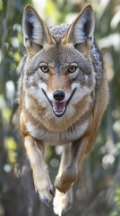 Obraz premium A coyote running energetically through a natural setting with a focused expression.