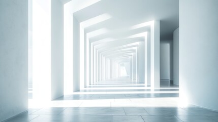 Sunlit, minimalist white hallway with receding perspective.