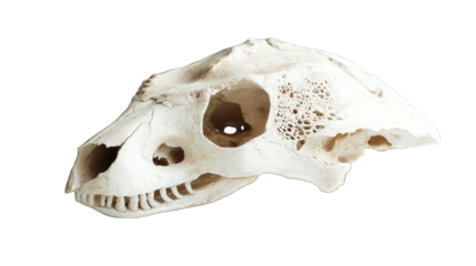 Close-up of a reptile skull, showing detailed bone structure and