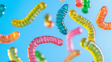 Vibrant Gummy Worms Dancing in Sunlight Against Blue Sky