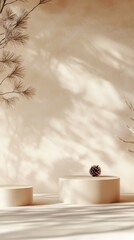 A minimalist winter holiday mockup featuring three spaced podiums, each ready for product placement, set against a gentle festive pattern.