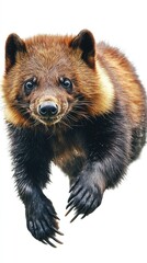 Fototapeta premium A close-up of a wolverine with a focused expression, showcasing its fur and features.
