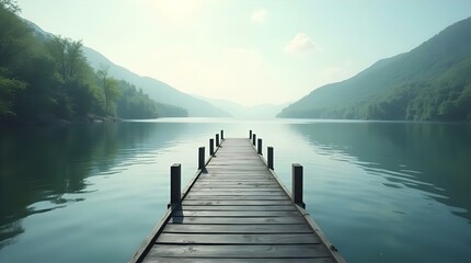 Fototapeta premium Serene Wooden Dock Extending into a Misty Mountain Lake at Dawn, Tranquil Waters Reflecting the Majestic Peaks, Peaceful Solitude
