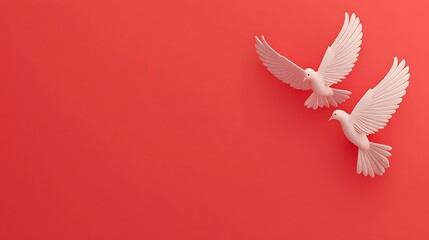 Fototapeta premium Two White Doves in Flight Against Red Background