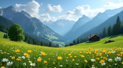 Obraz premium Idyllic Alpine Meadow: A Picturesque Wooden Cabin Nestled Amongst Vibrant Wildflowers and Majestic Mountains Under a Partly Cloudy Sky
