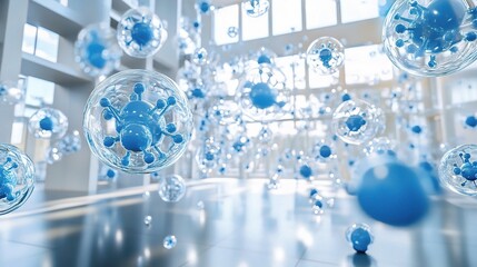 Dynamic Blue Molecular Models Floating in Modern Architecture