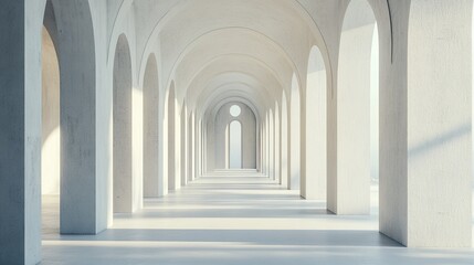 Sunlit white arched hallway with perspective.