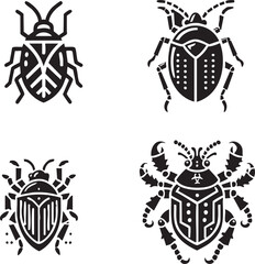 Fototapeta premium Detailed Silhouettes of Four Brown Shield Bugs Showcasing Intricate Patterns in Monochrome
