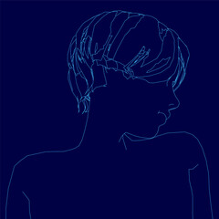 Blue drawing of a person with short hair. The drawing is in blue and is of a woman