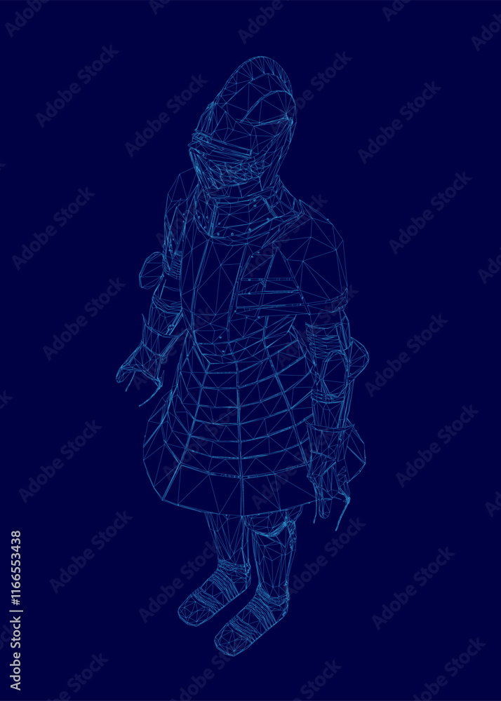 Poster man in a blue outfit is standing in front of a blue background. the outfit is made of a mesh materia