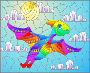 Fototapeta premium A stained glass illustration with a cute cartoon dinosaur on the background of cloudy sky and sun