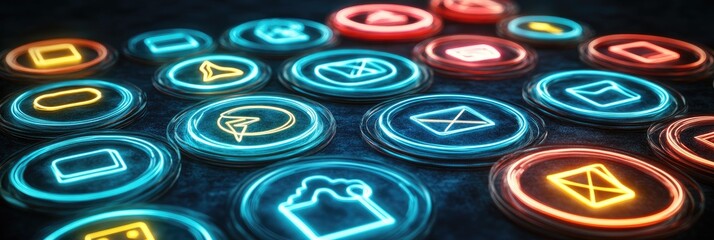 A collection of glowing icons on a textured surface, representing various digital functions.