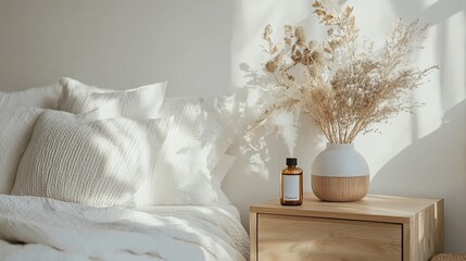Sunlit bedroom with beige bedding, dried flowers, and bottle on nightstand.