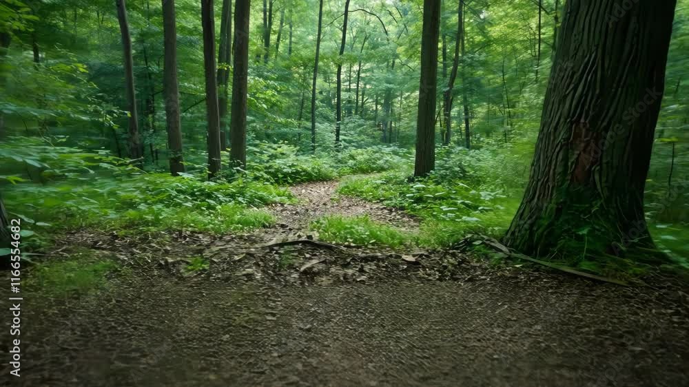 Poster lush forest pathway winding through greenery with natural light filtering through the trees on a ser