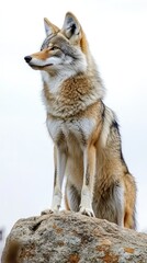 Fototapeta premium A coyote stands majestically on a rock, gazing into the distance against a cloudy sky.