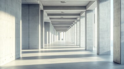 Fototapeta premium Sunlit concrete corridor with rows of pillars. (1)