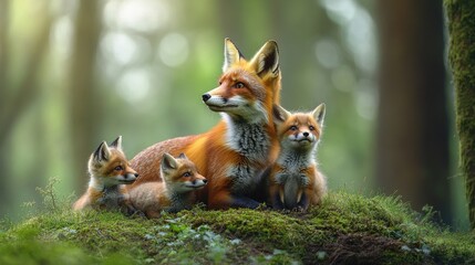Fototapeta premium A mother fox and her three kits resting on moss in a serene forest setting.
