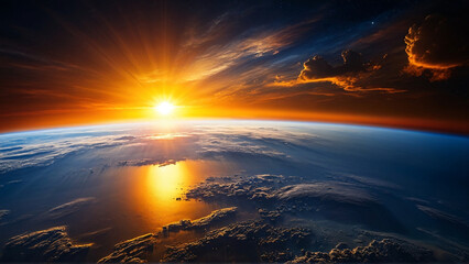 A stunning sunrise panorama from space, showing off the bright colors of the sun as it appears over Earth's horizon