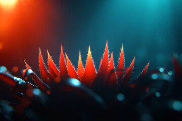A vibrant close-up of a striking plant, showcasing colorful spiky leaves illuminated by soft blue and orange lights.