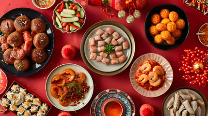 Chinese New Year festival table set over a red background featuring traditional Lunar New Year food. Flat lay, top view