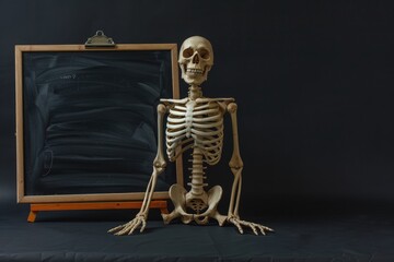 Funny skeleton next to empty flipchart on black background.