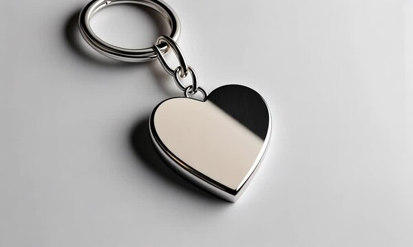 A shiny silver heart-shaped keychain resting on a light surface.