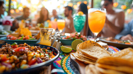 Cinco de Mayo party with food and drinks in the foreground and a group of people celebrating © anjum