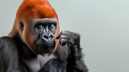Fototapeta premium A thoughtful gorilla with a striking orange tuft of hair.