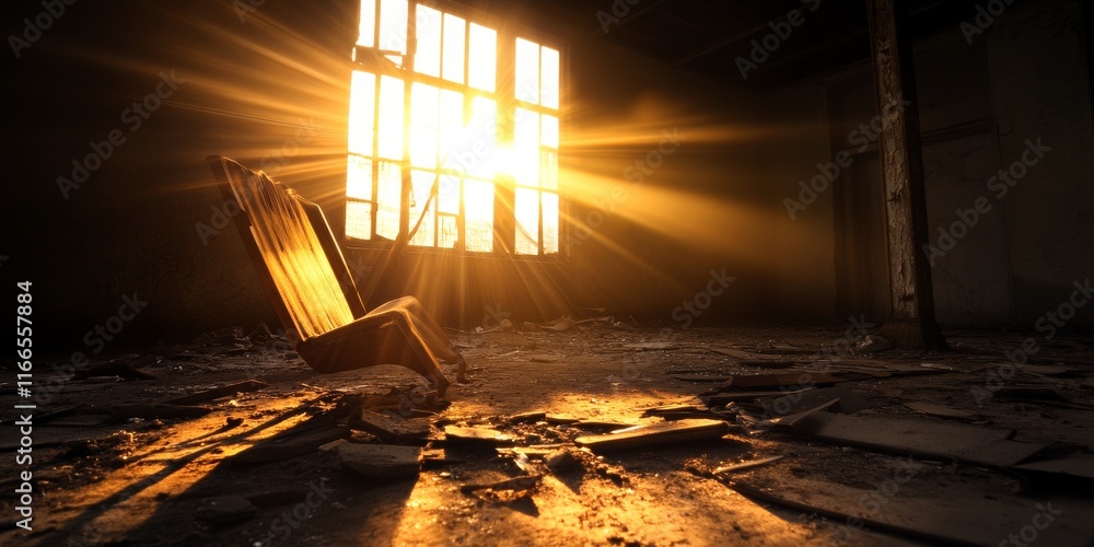 Poster an abandoned room with a single chair and sunlight streaming through dusty windows, creating a mood 