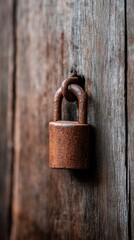 An aged, rusty padlock hanging on a wooden door, symbolizing security and protection.