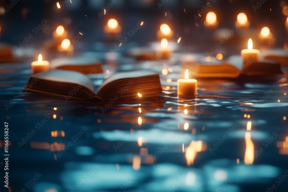 Poster an enchanting scene of open books illuminated by floating candles on serene water, creating a tranqu