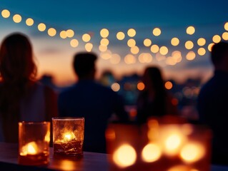 An evening gathering featuring glowing candles and soft lights, creating a warm, inviting atmosphere under the twilight sky.