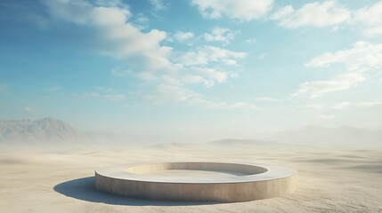 Circular platform in desert landscape under a partly cloudy sky.