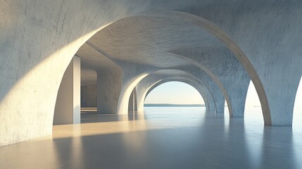 Modern concrete architecture with arches overlooking a calm sea.