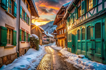 Fototapeta premium snow covered cobblestone street in quaint alpine village at sunset