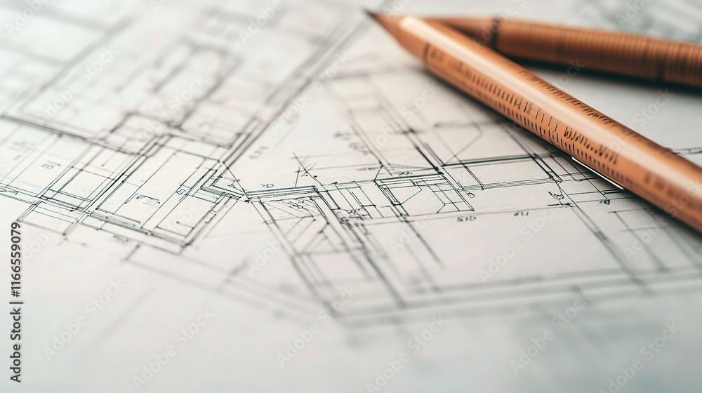 Poster detailed architectural drawing of a building with precision lines