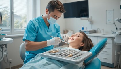 Obraz premium Gentle Dentist Examining Patient with Modern Tools